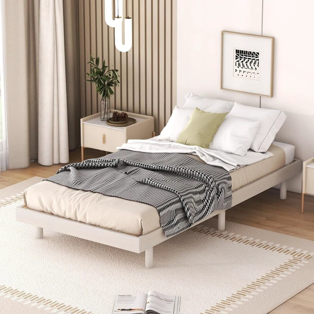 Alt view image 3 of 7 - Twin/Queen/Full Size Low Profile Platform Bed Frame, Modern Panel Bedframe Mattress Base with Wooden Slat Support for Bedroom Guest Room Small Apartment Dormitory, No Box Spring Needed (White Twin)
