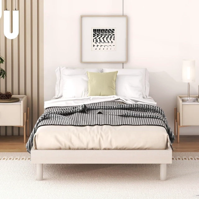Alt view image 4 of 7 - Twin/Queen/Full Size Low Profile Platform Bed Frame, Modern Panel Bedframe Mattress Base with Wooden Slat Support for Bedroom Guest Room Small Apartment Dormitory, No Box Spring Needed (White Twin)