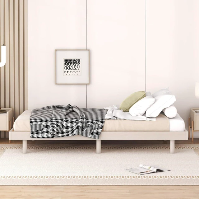 Alt view image 5 of 7 - Twin/Queen/Full Size Low Profile Platform Bed Frame, Modern Panel Bedframe Mattress Base with Wooden Slat Support for Bedroom Guest Room Small Apartment Dormitory, No Box Spring Needed (White Twin)