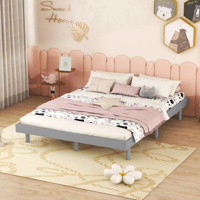 Alt view image 3 of 6 - Twin/Queen/Full Size Low Profile Platform Bed Frame, Modern Panel Bedframe Mattress Base with Wooden Slat Support for Bedroom Guest Room Small Apartment Dormitory, No Box Spring Needed (Grey Full)
