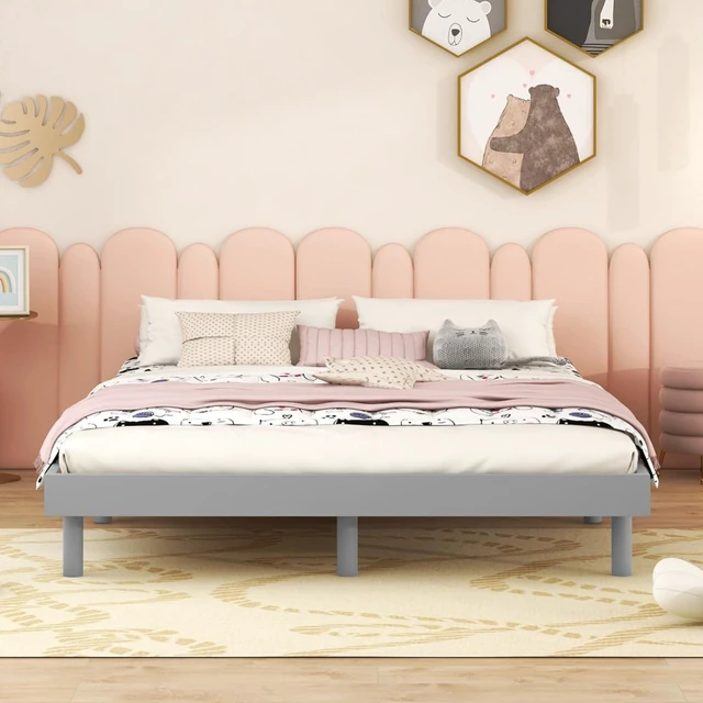 Alt view image 4 of 6 - Twin/Queen/Full Size Low Profile Platform Bed Frame, Modern Panel Bedframe Mattress Base with Wooden Slat Support for Bedroom Guest Room Small Apartment Dormitory, No Box Spring Needed (Grey Full)