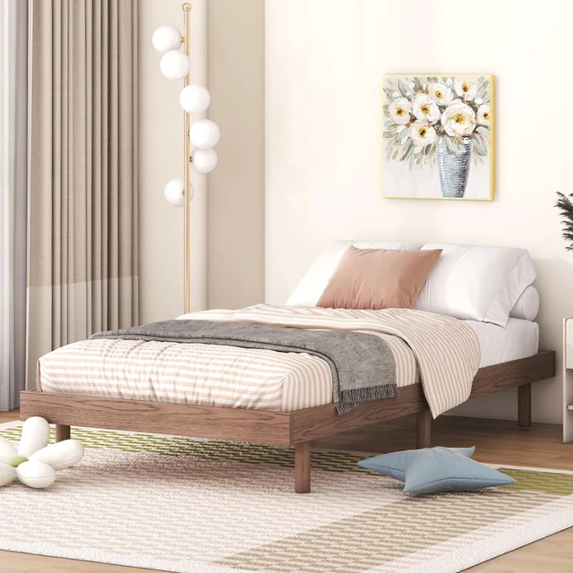Main image of Twin/Queen/Full Size Low Profile Platform Bed Frame, Modern Panel Bedframe Mattress Base with Wooden Slat Support for Bedroom Guest Room Small Apartment Dormitory, No Box Spring Needed (Walnut Twin)
