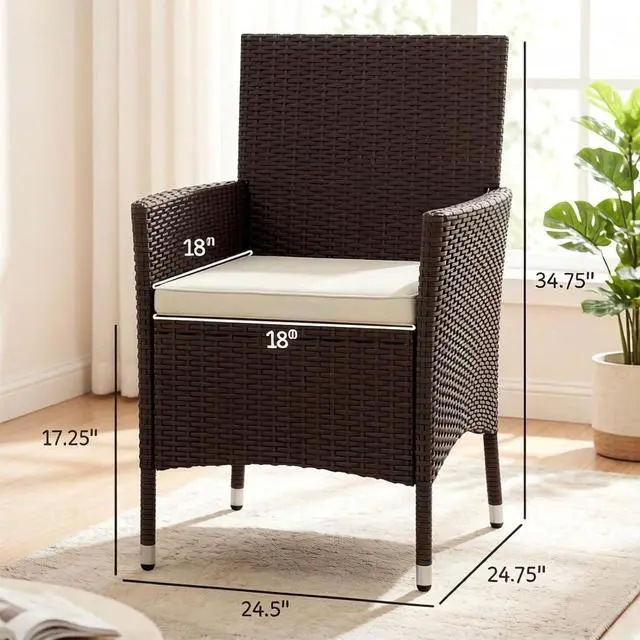 Alt view image 2 of 7 - Hassyee Dark Coffee PE Rattan Patio Dining Armchairs w/Beige Removable Cushion for Garden, All Weather Outdoor Seating Chairs w/Steel Frame & High Back for Porch, Deck, Balcony, Set of 2