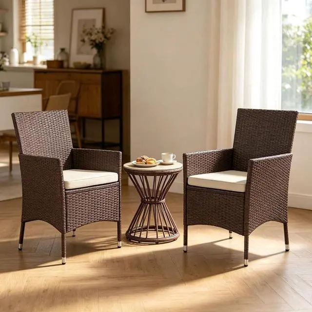 Main image of Hassyee Dark Coffee PE Rattan Patio Dining Armchairs w/Beige Removable Cushion for Garden, All Weather Outdoor Seating Chairs w/Steel Frame & High Back for Porch, Deck, Balcony, Set of 2