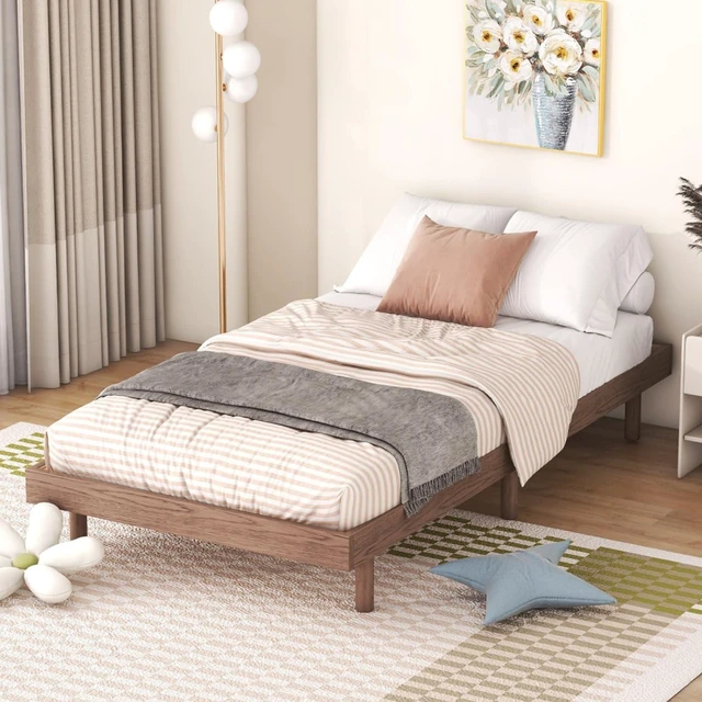 Alt view image 3 of 7 - Twin/Queen/Full Size Low Profile Platform Bed Frame, Modern Panel Bedframe Mattress Base with Wooden Slat Support for Bedroom Guest Room Small Apartment Dormitory, No Box Spring Needed (Walnut Twin)