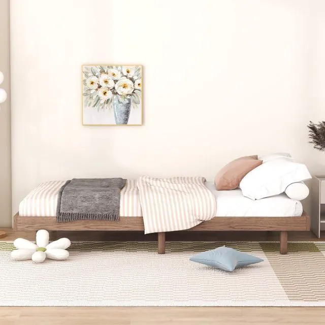 Alt view image 5 of 7 - Twin/Queen/Full Size Low Profile Platform Bed Frame, Modern Panel Bedframe Mattress Base with Wooden Slat Support for Bedroom Guest Room Small Apartment Dormitory, No Box Spring Needed (Walnut Twin)