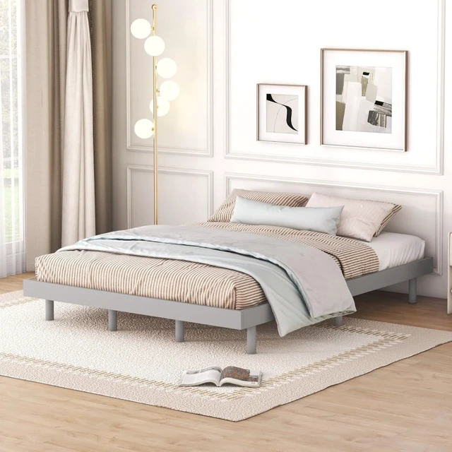 Alt view image 2 of 7 - Twin/Queen/Full Size Low Profile Platform Bed Frame, Modern Panel Bedframe Mattress Base with Wooden Slat Support for Bedroom Guest Room Small Apartment Dormitory, No Box Spring Needed (Grey Queen)