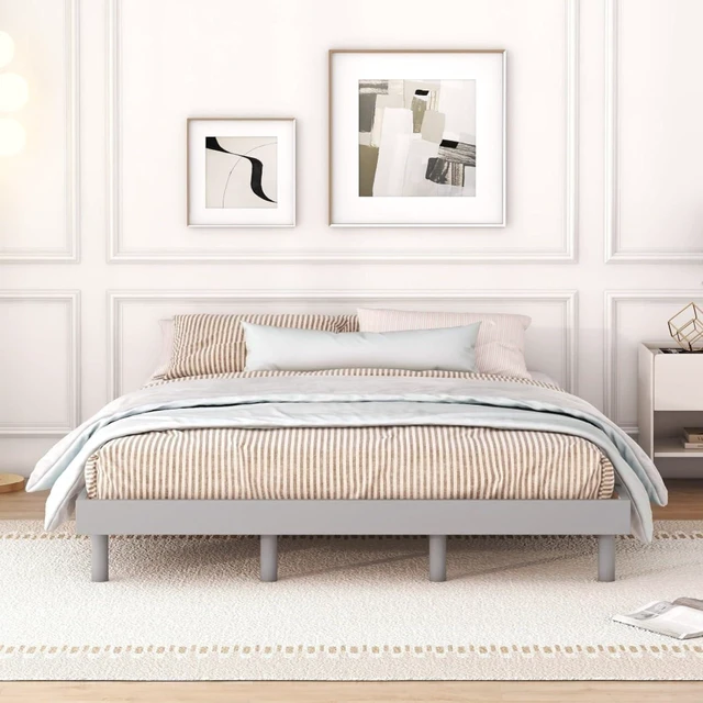Main image of Twin/Queen/Full Size Low Profile Platform Bed Frame, Modern Panel Bedframe Mattress Base with Wooden Slat Support for Bedroom Guest Room Small Apartment Dormitory, No Box Spring Needed (Grey Queen)