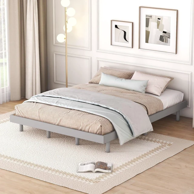 Alt view image 3 of 7 - Twin/Queen/Full Size Low Profile Platform Bed Frame, Modern Panel Bedframe Mattress Base with Wooden Slat Support for Bedroom Guest Room Small Apartment Dormitory, No Box Spring Needed (Grey Queen)