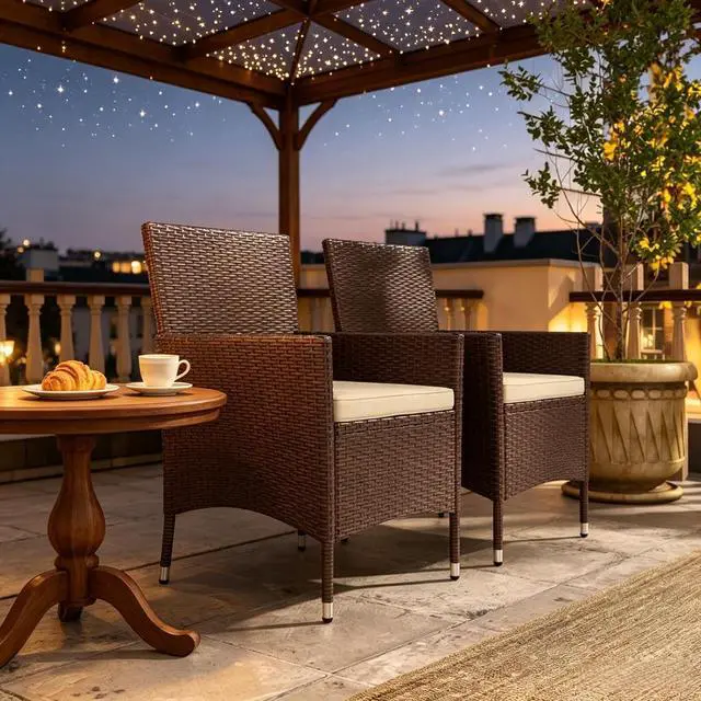 Alt view image 3 of 7 - Hassyee Dark Coffee PE Rattan Patio Dining Armchairs w/Beige Removable Cushion for Garden, All Weather Outdoor Seating Chairs w/Steel Frame & High Back for Porch, Deck, Balcony, Set of 2