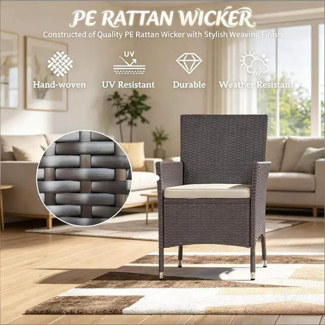 Alt view image 6 of 7 - Hassyee Dark Coffee PE Rattan Patio Dining Armchairs w/Beige Removable Cushion for Garden, All Weather Outdoor Seating Chairs w/Steel Frame & High Back for Porch, Deck, Balcony, Set of 2