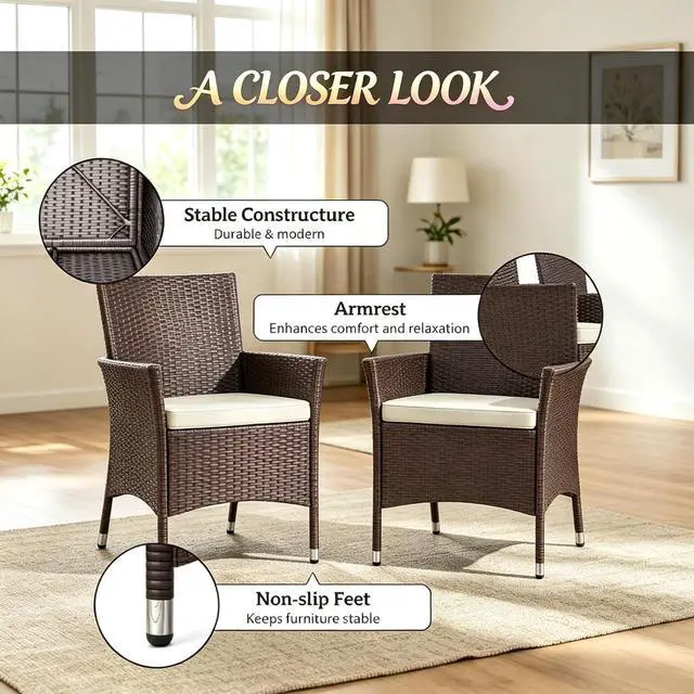 Alt view image 5 of 7 - Hassyee Dark Coffee PE Rattan Patio Dining Armchairs w/Beige Removable Cushion for Garden, All Weather Outdoor Seating Chairs w/Steel Frame & High Back for Porch, Deck, Balcony, Set of 2
