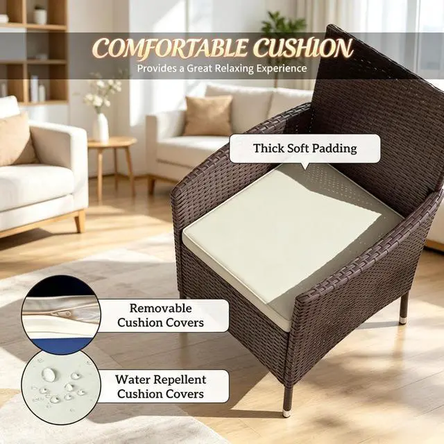 Alt view image 7 of 7 - Hassyee Dark Coffee PE Rattan Patio Dining Armchairs w/Beige Removable Cushion for Garden, All Weather Outdoor Seating Chairs w/Steel Frame & High Back for Porch, Deck, Balcony, Set of 2