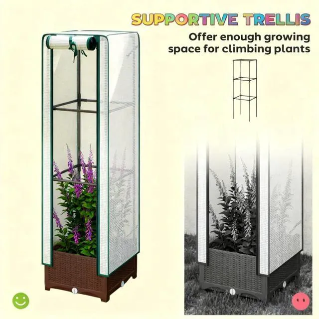 Alt view image 6 of 7 - Hassyee Portable Outdoor Planter Box with Trellis and Protective PE Cover for Lawn, Backyard, Raised Bed with Drainage Holes and Built-in Water Reservoir for Growing Flowers, Plants (Small Size)