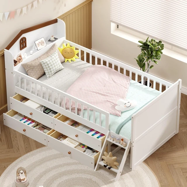 Main image of Hassyee Twin Size Wooden Daybed Frame with 4 Drawers, Captain's Bed with Headboard and Bookshelf, Platform Beds with Guardrail and Ladder for Boys Girls Bedroom Guest Room Living Room (White Twin)
