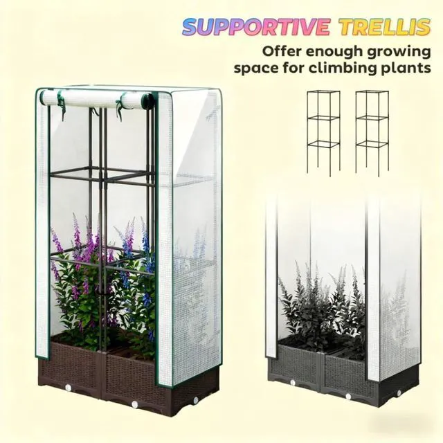 Alt view image 4 of 7 - Hassyee Portable Outdoor Planter Box with Trellis and Protective PE Cover for Lawn, Backyard, Raised Bed with Drainage Holes and Built-in Water Reservoir for Growing Flowers, Plants (Big Size)