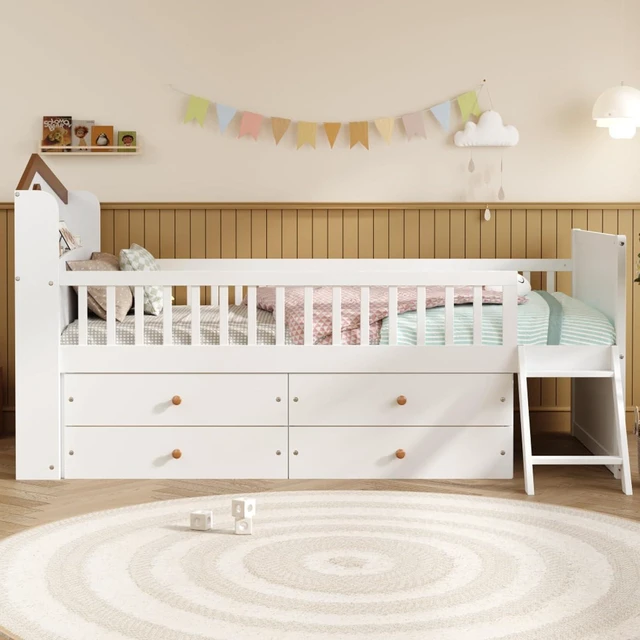 Alt view image 3 of 7 - Hassyee Twin Size Wooden Daybed Frame with 4 Drawers, Captain's Bed with Headboard and Bookshelf, Platform Beds with Guardrail and Ladder for Boys Girls Bedroom Guest Room Living Room (White Twin)