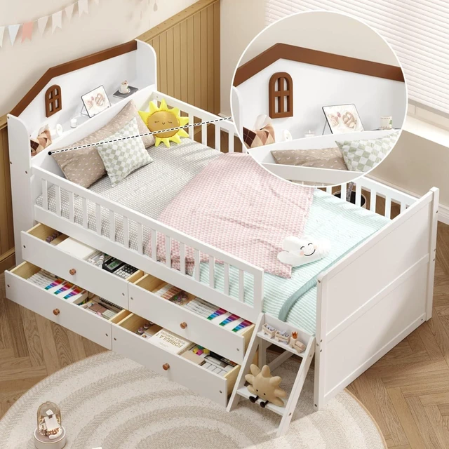 Alt view image 4 of 7 - Hassyee Twin Size Wooden Daybed Frame with 4 Drawers, Captain's Bed with Headboard and Bookshelf, Platform Beds with Guardrail and Ladder for Boys Girls Bedroom Guest Room Living Room (White Twin)