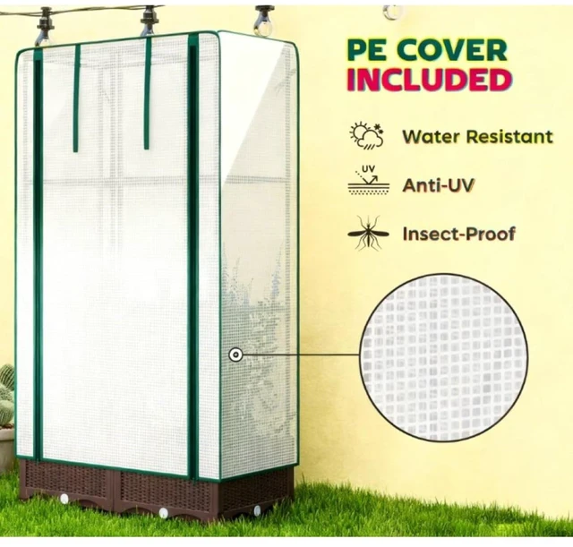 Alt view image 6 of 7 - Hassyee Portable Outdoor Planter Box with Trellis and Protective PE Cover for Lawn, Backyard, Raised Bed with Drainage Holes and Built-in Water Reservoir for Growing Flowers, Plants (Big Size)