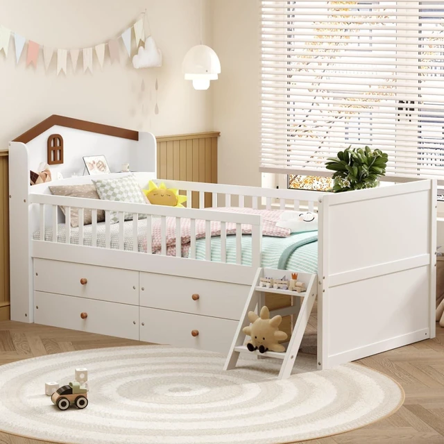 Alt view image 2 of 7 - Hassyee Twin Size Wooden Daybed Frame with 4 Drawers, Captain's Bed with Headboard and Bookshelf, Platform Beds with Guardrail and Ladder for Boys Girls Bedroom Guest Room Living Room (White Twin)