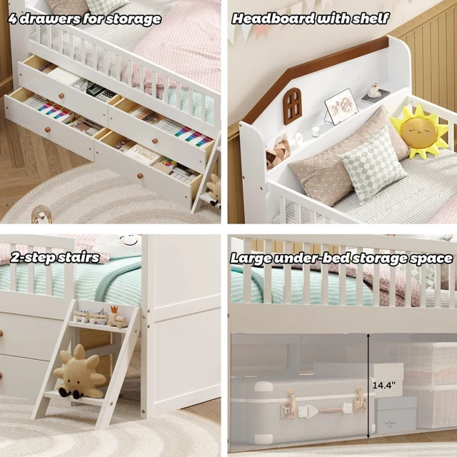 Alt view image 5 of 7 - Hassyee Twin Size Wooden Daybed Frame with 4 Drawers, Captain's Bed with Headboard and Bookshelf, Platform Beds with Guardrail and Ladder for Boys Girls Bedroom Guest Room Living Room (White Twin)