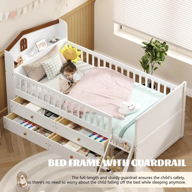 Alt view image 6 of 7 - Hassyee Twin Size Wooden Daybed Frame with 4 Drawers, Captain's Bed with Headboard and Bookshelf, Platform Beds with Guardrail and Ladder for Boys Girls Bedroom Guest Room Living Room (White Twin)