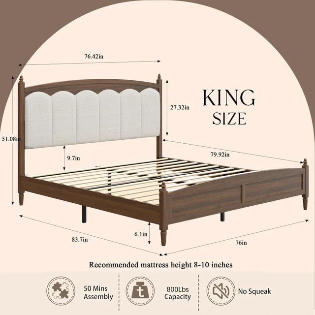 Alt view image 2 of 7 - King/Queen Size Platform Bed Frame with Upholstered Headboard and Footboard, Mid-Century Panel Bedframe Mattress Base with Wood Slat Support for Master Bedroom Guest Room Apartment (Brown King)