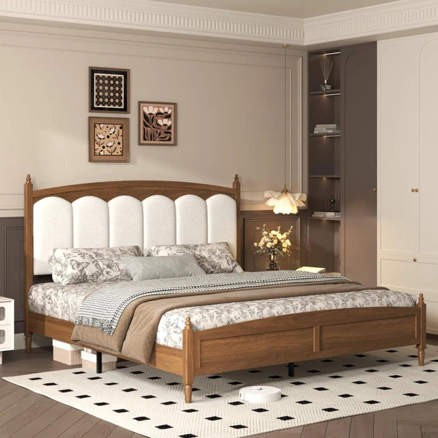 Main image of King/Queen Size Platform Bed Frame with Upholstered Headboard and Footboard, Mid-Century Panel Bedframe Mattress Base with Wood Slat Support for Master Bedroom Guest Room Apartment (Brown King)