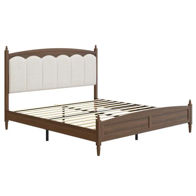 Alt view image 6 of 7 - King/Queen Size Platform Bed Frame with Upholstered Headboard and Footboard, Mid-Century Panel Bedframe Mattress Base with Wood Slat Support for Master Bedroom Guest Room Apartment (Brown King)