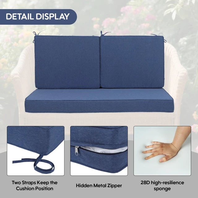 Alt view image 2 of 7 - Hassyee Woven Fabric Double Seat Cushion with Removable Zippered Covers & Reinforced Edging for Patio, Thick Chair Mat with Quick-Spring Support & Securing Straps for Garden (Navy Blue)