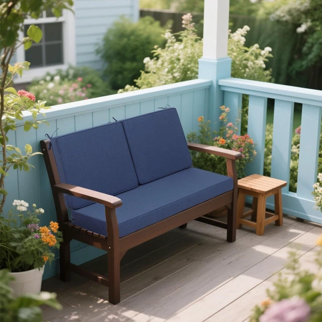 Alt view image 3 of 7 - Hassyee Woven Fabric Double Seat Cushion with Removable Zippered Covers & Reinforced Edging for Patio, Thick Chair Mat with Quick-Spring Support & Securing Straps for Garden (Navy Blue)