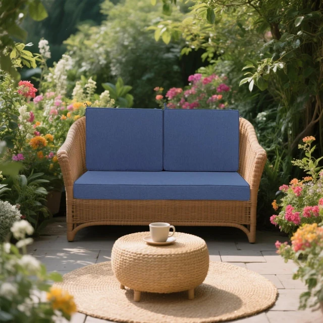 Alt view image 4 of 7 - Hassyee Woven Fabric Double Seat Cushion with Removable Zippered Covers & Reinforced Edging for Patio, Thick Chair Mat with Quick-Spring Support & Securing Straps for Garden (Navy Blue)