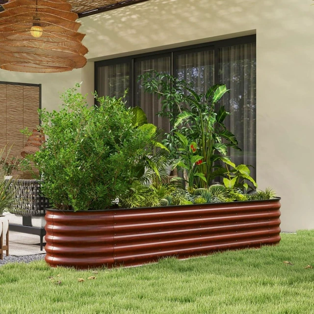 Main image of Hassyee Galvanized Raised Garden Bed Kit with Open Bottom Design for Growing Flowers, Plants, Vegetables, Outdoor Brown Planter Box with Safety Edging and Steel Frame for Backyard, Lawn