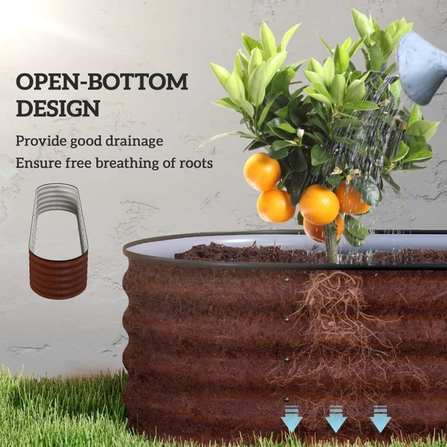 Alt view image 5 of 7 - Hassyee Galvanized Raised Garden Bed Kit with Open Bottom Design for Growing Flowers, Plants, Vegetables, Outdoor Brown Planter Box with Safety Edging and Steel Frame for Backyard, Lawn