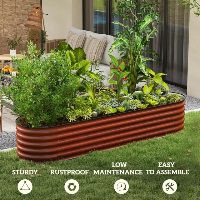 Alt view image 6 of 7 - Hassyee Galvanized Raised Garden Bed Kit with Open Bottom Design for Growing Flowers, Plants, Vegetables, Outdoor Brown Planter Box with Safety Edging and Steel Frame for Backyard, Lawn