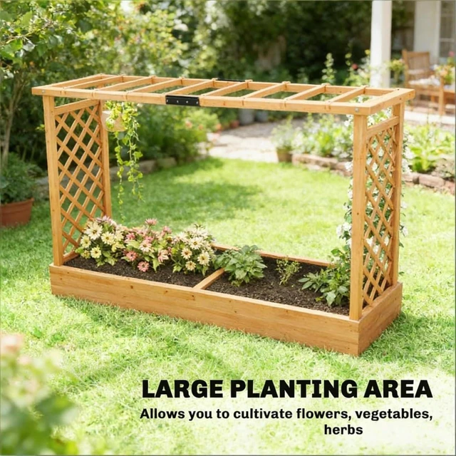 Alt view image 2 of 7 - Hassyee Wooden Planter Box with Trellis and Drainage Holes for Growing Vegetables, Flowers, Plants, Outdoor Raised Garden Bed with Hanging Roof Design and Solid Wood Frame for Backyard