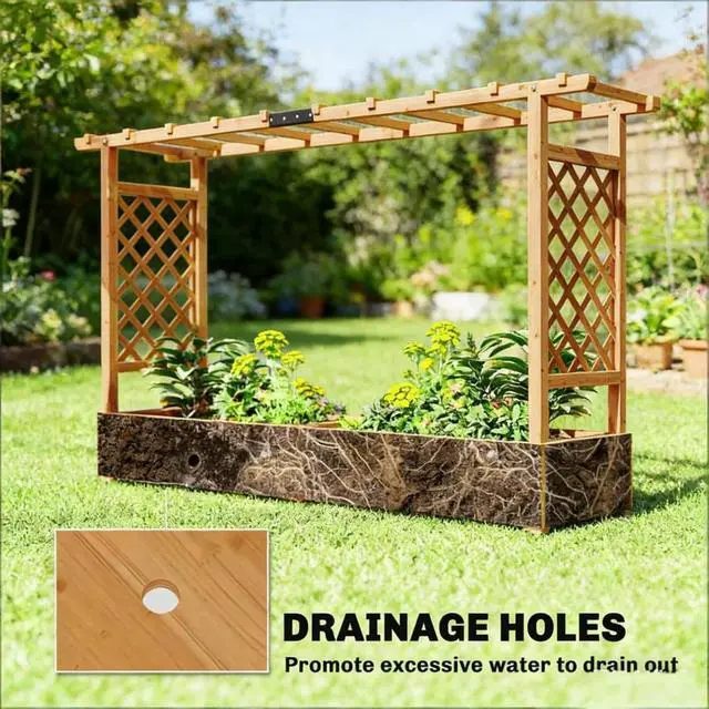 Alt view image 3 of 7 - Hassyee Wooden Planter Box with Trellis and Drainage Holes for Growing Vegetables, Flowers, Plants, Outdoor Raised Garden Bed with Hanging Roof Design and Solid Wood Frame for Backyard