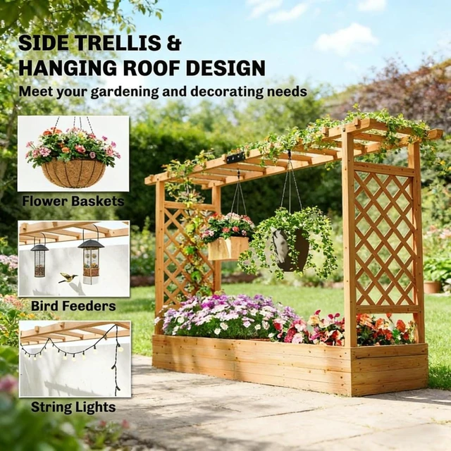 Alt view image 4 of 7 - Hassyee Wooden Planter Box with Trellis and Drainage Holes for Growing Vegetables, Flowers, Plants, Outdoor Raised Garden Bed with Hanging Roof Design and Solid Wood Frame for Backyard