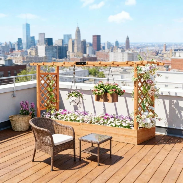 Alt view image 5 of 7 - Hassyee Wooden Planter Box with Trellis and Drainage Holes for Growing Vegetables, Flowers, Plants, Outdoor Raised Garden Bed with Hanging Roof Design and Solid Wood Frame for Backyard