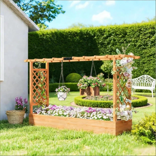 Alt view image 6 of 7 - Hassyee Wooden Planter Box with Trellis and Drainage Holes for Growing Vegetables, Flowers, Plants, Outdoor Raised Garden Bed with Hanging Roof Design and Solid Wood Frame for Backyard