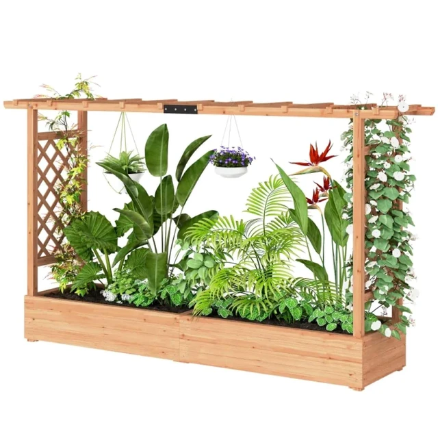 Alt view image 7 of 7 - Hassyee Wooden Planter Box with Trellis and Drainage Holes for Growing Vegetables, Flowers, Plants, Outdoor Raised Garden Bed with Hanging Roof Design and Solid Wood Frame for Backyard