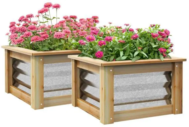 Alt view image 2 of 7 - Hassyee 2 Pieces Raised Garden Bed Set with Open Bottom Design and Wood Frame for Backyard, Lawn, Outdoor Metal Planter Box with Modern Design for Growing Flowers, Plants