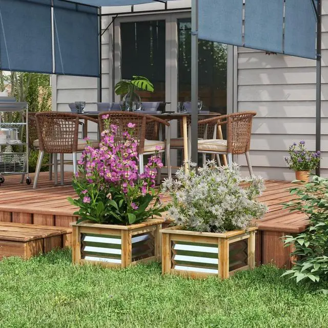Main image of Hassyee 2 Pieces Raised Garden Bed Set with Open Bottom Design and Wood Frame for Backyard, Lawn, Outdoor Metal Planter Box with Modern Design for Growing Flowers, Plants