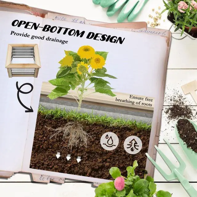 Alt view image 5 of 7 - Hassyee 2 Pieces Raised Garden Bed Set with Open Bottom Design and Wood Frame for Backyard, Lawn, Outdoor Metal Planter Box with Modern Design for Growing Flowers, Plants