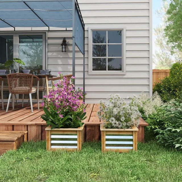 Alt view image 7 of 7 - Hassyee 2 Pieces Raised Garden Bed Set with Open Bottom Design and Wood Frame for Backyard, Lawn, Outdoor Metal Planter Box with Modern Design for Growing Flowers, Plants