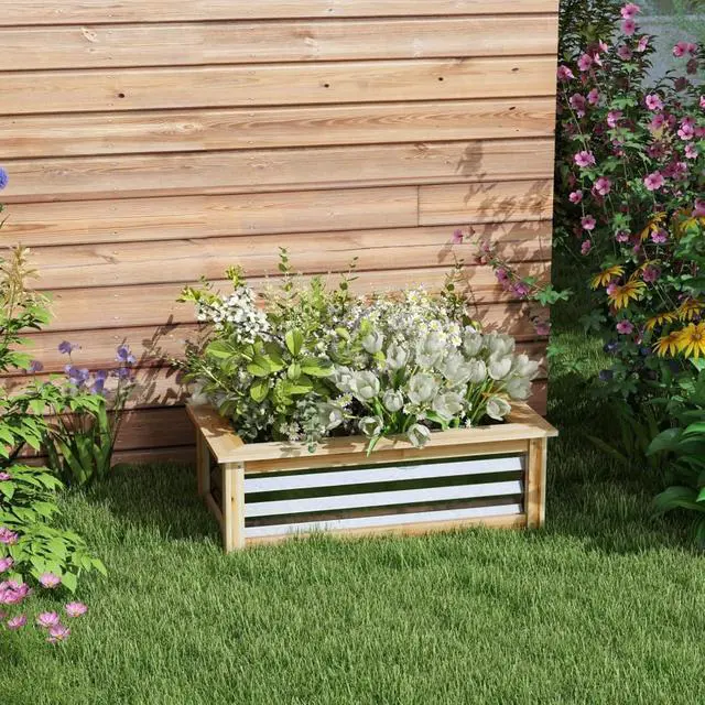 Alt view image 2 of 7 - Hassyee Raised Garden Bed Kit with Wood Frame and Open Bottom Design for Growing Flowers, Plants, Outdoor Planter Box with Galvanized Steel for Backyard, Lawn, Poolside
