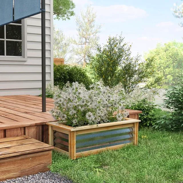 Alt view image 3 of 7 - Hassyee Raised Garden Bed Kit with Wood Frame and Open Bottom Design for Growing Flowers, Plants, Outdoor Planter Box with Galvanized Steel for Backyard, Lawn, Poolside