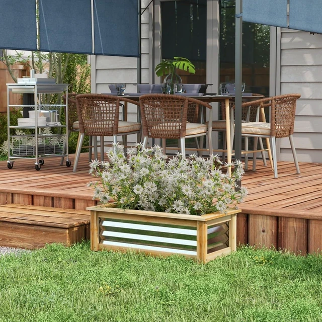 Alt view image 4 of 7 - Hassyee Raised Garden Bed Kit with Wood Frame and Open Bottom Design for Growing Flowers, Plants, Outdoor Planter Box with Galvanized Steel for Backyard, Lawn, Poolside