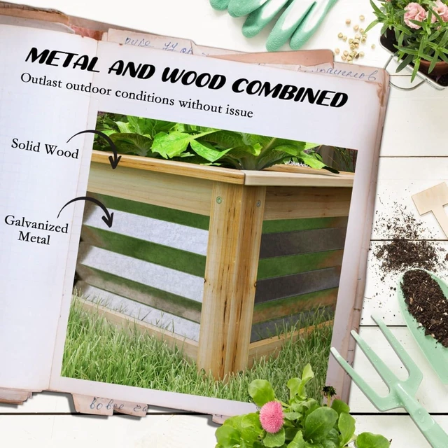 Alt view image 6 of 7 - Hassyee Raised Garden Bed Kit with Wood Frame and Open Bottom Design for Growing Flowers, Plants, Outdoor Planter Box with Galvanized Steel for Backyard, Lawn, Poolside