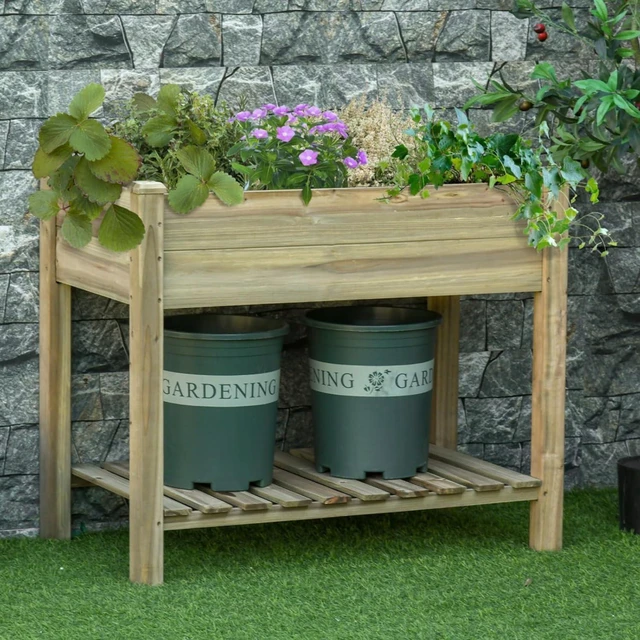 Main image of Hassyee Elevated Raised Garden Bed with Storage Shelf and Drainage Holes for Growing Herbs, Plants, Flowers, Outdoor Wooden Planter Box with Legs for Park, Lawn, Backyard